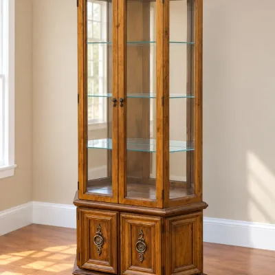 Wood Curio Cabinet with Glass-Paneled Display Top and Solid Wood Cabinet Base