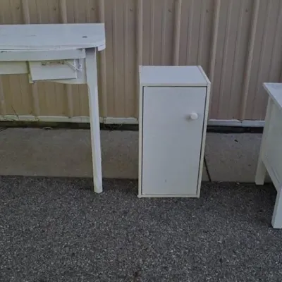Sale Photo Thumbnail #149: Vintage White Wood Desk, White Nightstand and White Cupboard