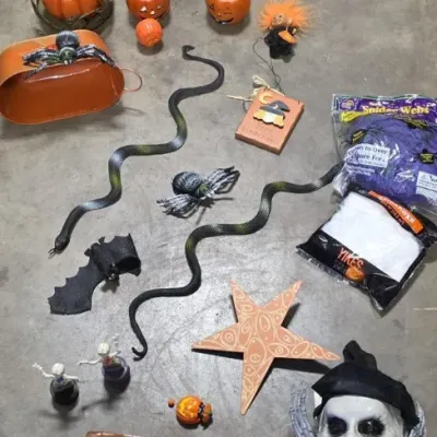 Sale Photo Thumbnail #139: Halloween Decor Lot - Rubber Snakes, Skull Mask, Witch Hat, Pumpkins & Ghosts