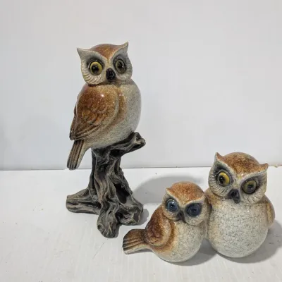 Resin Owl Figurines, One Perched On Branch, 2 Sitting, Made By TII Collections - Estate Sales Warehouse (GR)