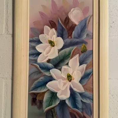 Framed Floral Painting Signed T. Snider - Magnolia Flowers & Botanical Wall Art - Lake Odessa Off-Site