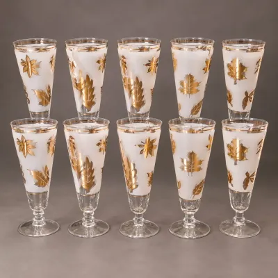 Sale Photo Thumbnail #309: Set of 10 Vintage Libbey Golden Foliage Footed Pilsner Glasses - Gold Leaf on Frosted Glass – Potterville
