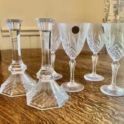 Cristal de Flandre Set Of 4 Goblets & American Crystal Collection Candlestick Holders