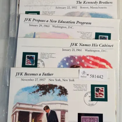6 Sets - John F Kennedy Stamp and Coin Sets with Kennedy Half Dollars
