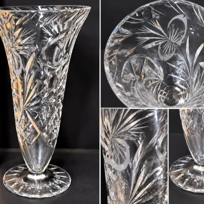 Sale Photo Thumbnail #296: Vintage Bohemian Cut Crystal 10" Pedestal Vase Floral & Starburst Pattern – Potterville