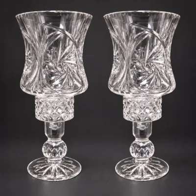 Pair Vintage Cut Crystal Hurricane Candle Holders Pinwheel Star Pattern Footed Glass 2pc - Potterville