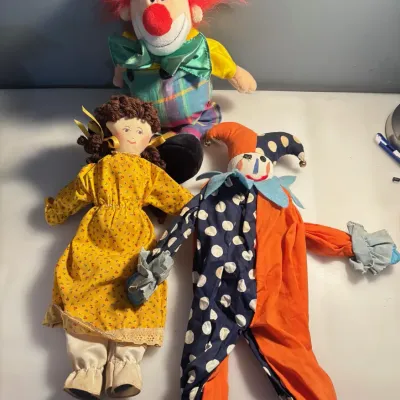 Sale Photo Thumbnail #241: Chappy The Clown / Handmade Rag Doll / Wood Body Jester Clown Doll