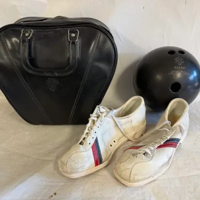 Vintage Bowling Ball Unknown Weight, w/ Bowling Shoes in Bag