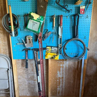 Garage Tool Pegboard & Contents - Hi-Lift Jack, Hand Saws, Clamps, Tools & Hardware - Lake Odessa Off-Site