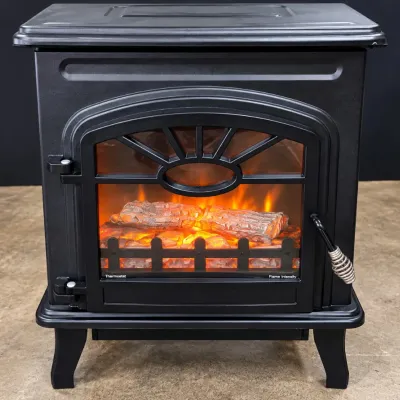Freestanding Electric Fireplace Heater Black Cast Iron Style Stove Faux Logs Flame Effect - Potterville
