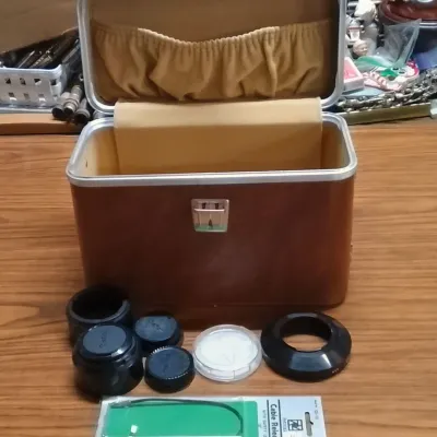 Vintage Brown Hardshell Camera Carrying Case With Lenses, Filters, And A Vintage Cable Release - Potterville