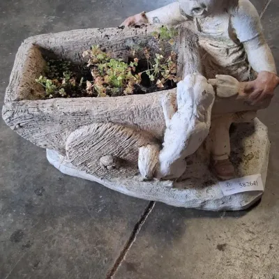 Sale Photo Thumbnail #197: Cast Stone Garden Statue Planter - Kid w/ Wheelbarrow and Dog - Yard Art