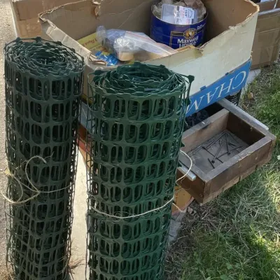 Assorted Garden Fencing, Wooden Organizer Tray, and Mixed Hardware Lot - Grand Rapids Off-Site