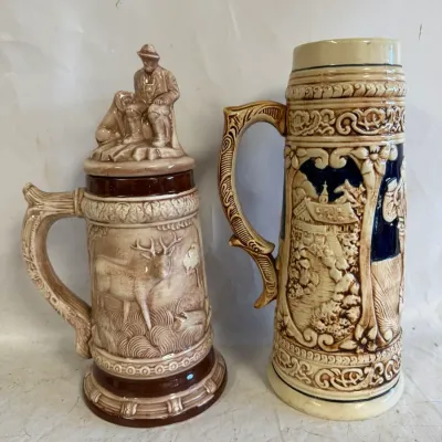 2 Vintage German Stoneware Decorative Beer Steins