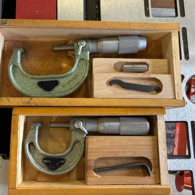 VIS Poland Outside Micrometers 0-1" & 1-2", .0001" Graduation, Wood Cases with Standard & Wrench