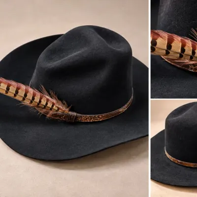 Vintage New Sable XXXX 4X Beaver Black Western Cowboy Hat w/ Long Feather - Potterville
