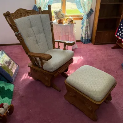 Vintage Ornate Carved Wood Glider Rocking Chair with Matching Upholstered Ottoman - Lake Odessa Off-Site