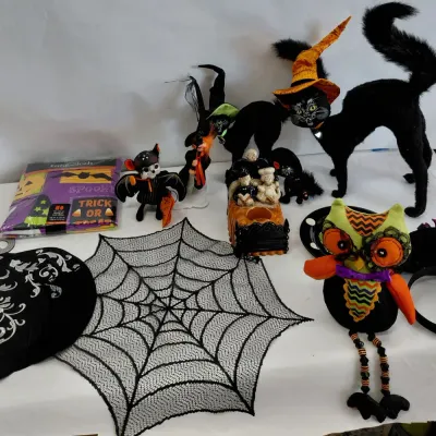 Halloween Decor - AnnaLee Black Cats, Witch and Mouse - Web, Placemat, etc.