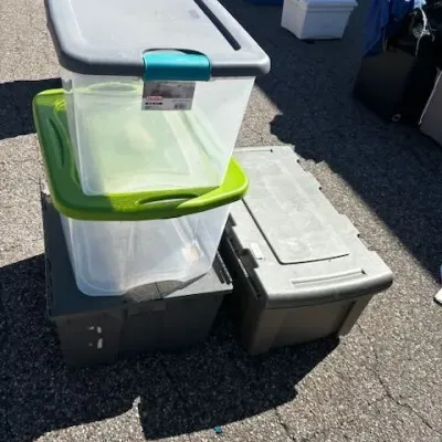 Lot of 4 Storage Totes: 2 Clear with Lids, 1 Grey Latching, 1 Grey Flip-Top