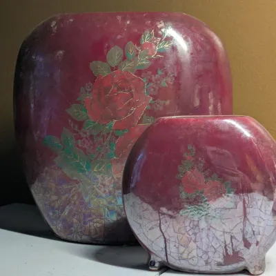 Vintage Red Vases - Rose Decals - Great Patina