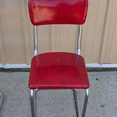 Sale Photo Thumbnail #334: Set of 3 Mid-Century Style Red Vinyl & Chrome Cantilever Dining Chairs – Estate Sales Warehouse (GR)