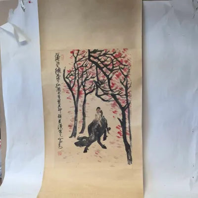 Large Chinese Scroll Painting Of Boy Riding Buffalo, Cherry Blossoms & Calligraphy On Silk Fabric