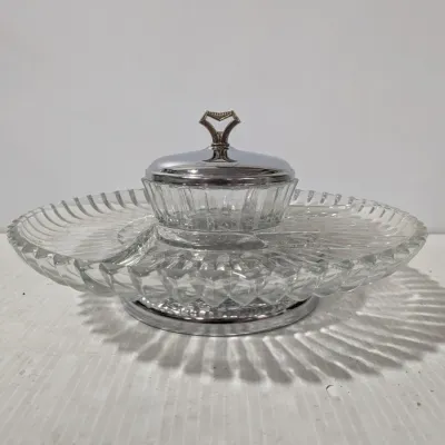 Kromex No. 598-21 Lazy Susan, Glass Lazy Susan With Metal Base & Inner Glass Dish With Metal Lid - Estate Sales Warehouse (GR)