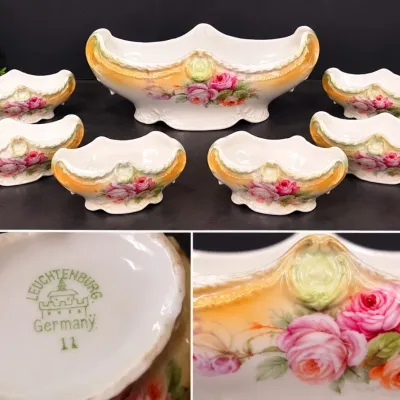 Antique Leuchtenburg Germany Porcelain Pink Rose Floral Berry Bowl Set Master & 6 Individual Bowls - Potterville