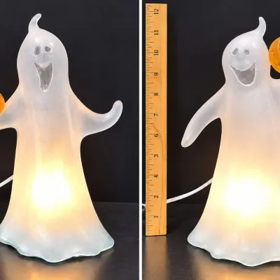 Pair Halloween Lighted Frosted Glass Ghost Holding Orange Pumpkin 11" Electric Lamp Working - Potterville