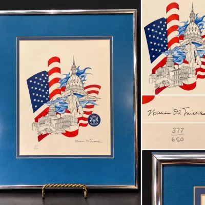Sale Photo Thumbnail #16: Governor William G. Milliken Hand-Signed Ltd Ed Michigan Patriotic Print 377/650 Framed – Potterville