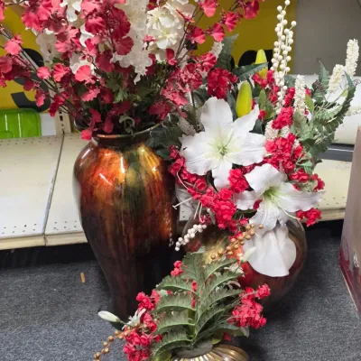 3 Decorative Vases with Foliage - One Bi-Colored Brass