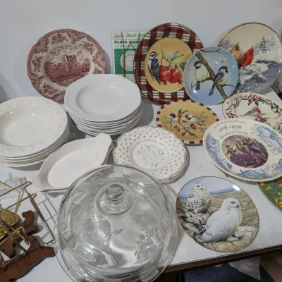 Large Misc. Ceramic Plates Lot With Stands & Glass Food Cover With Floral Base - Estate Sales Warehouse (GR)
