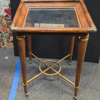 1980s Modern Regency Style Glass, Brass, and Wood End Table