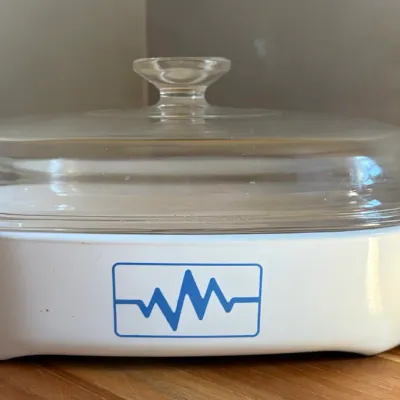 Sale Photo Thumbnail #99: Vintage Corning Ware Microwave Brown 'N Sear Casserole Dish w/Blue EKG Heartbeat - HTF MCM Pyrex