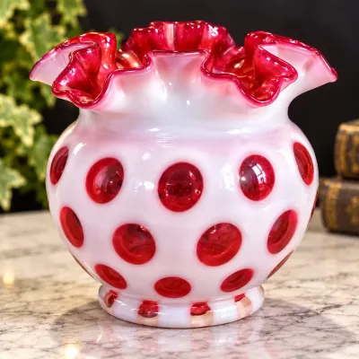 Sale Photo Thumbnail #295: Fenton Cranberry Opalescent Coin Dot Ruffled Art Glass Vase Apx 6" – Potterville