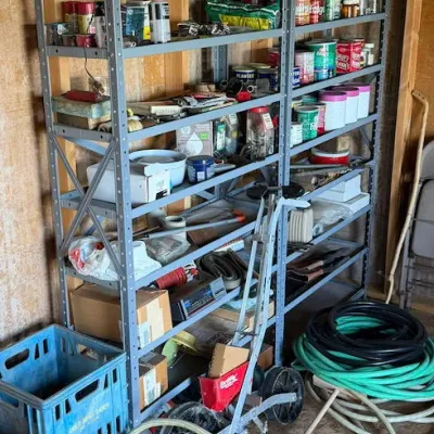 Large Garage & Workshop Contents Lot - Metal Shelving, Tools, Hardware, Hoses & More - Lake Odessa Off-Site