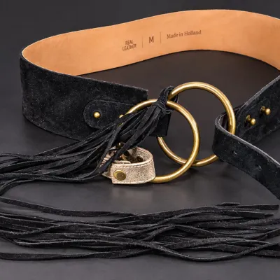 Vintage 1970s Made in Holland Black Suede Leather Fringe Belt Double O-Ring Buckle Size M - Potterville