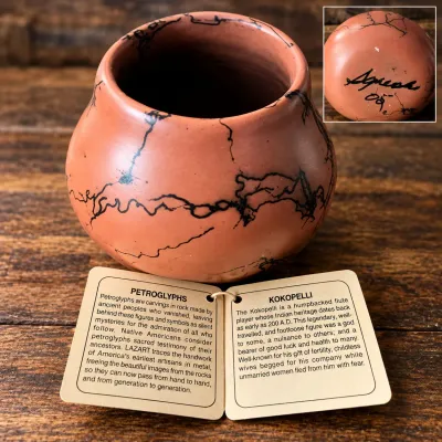 Signed 2009 LAZART Southwestern Horsehair Pottery Bowl Petroglyph Design Original Tags - Potterville