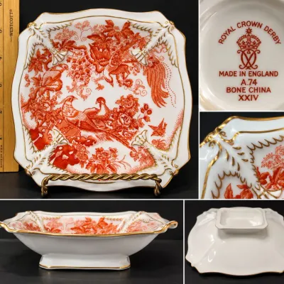 Sale Photo Thumbnail #297: Royal Crown Derby Red Aves A.74 Footed Handled Dish English Bone China – Potterville
