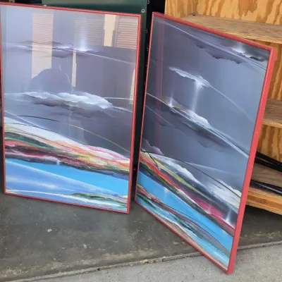 Pair of Framed Abstract Landscape Art Prints with Red Frames