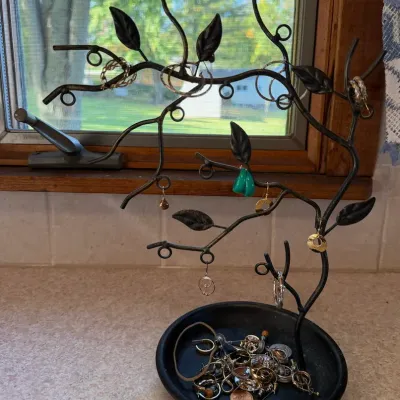 Metal Tree Branch Jewelry Organizer Stand w/ Hanging Hooks, Trinket Tray, and Vintage Jewelry Pieces - Lake Odessa Off-Site