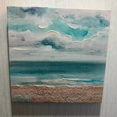 Coastal Ocean Beach Scene Textured Canvas Wall Art - Blue & Teal Seascape - Lake Odessa Off-Site