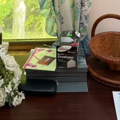 Assorted Desk Accessories, Carved Wooden Basket, Office Supplies & Decorative Flowers - Lake Odessa Off-Site