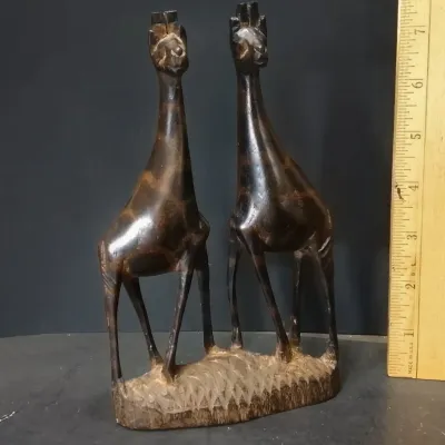 Hand-Carved Wooden Giraffe Sculpture Featuring Two Stylized Giraffes Standing Side By Side - Potterville