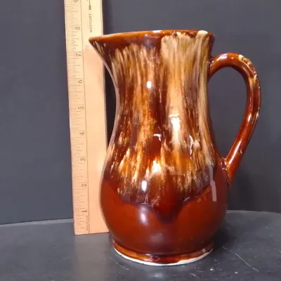 Vintage R.R.P. Co. Brown Drip-Glaze Ceramic Pitcher, Made In Roseville, Ohio, USA - Potterville
