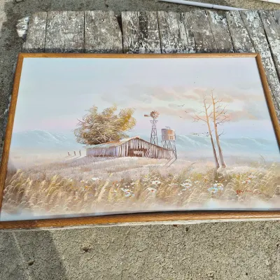 Vintage Landscape Painting Of Barn Windmill & Flowers on Canvas, Signed Framed 38"x26"