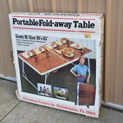 Sale Photo Thumbnail #113: Vintage All-Luminum Portable Fold-Away Table in Original Box