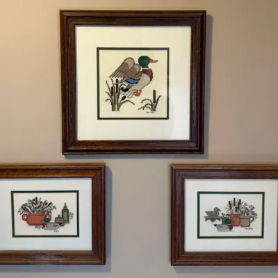 Set of 3 Framed Cross-Stitch Needlepoint Artworks - Mallard Duck & Country Decor - 1990 - Lake Odessa Off-Site