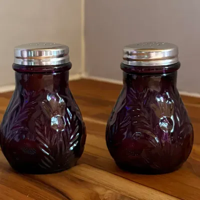 Sale Photo Thumbnail #102: Vintage Inverted Amethyst Thistle Salt & Pepper Shakers from Mosser Glass