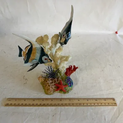 Vintage Hand Carved/Hand Painted Wooden Tropical Angelfish Sculpture Mounted on a Coral Base